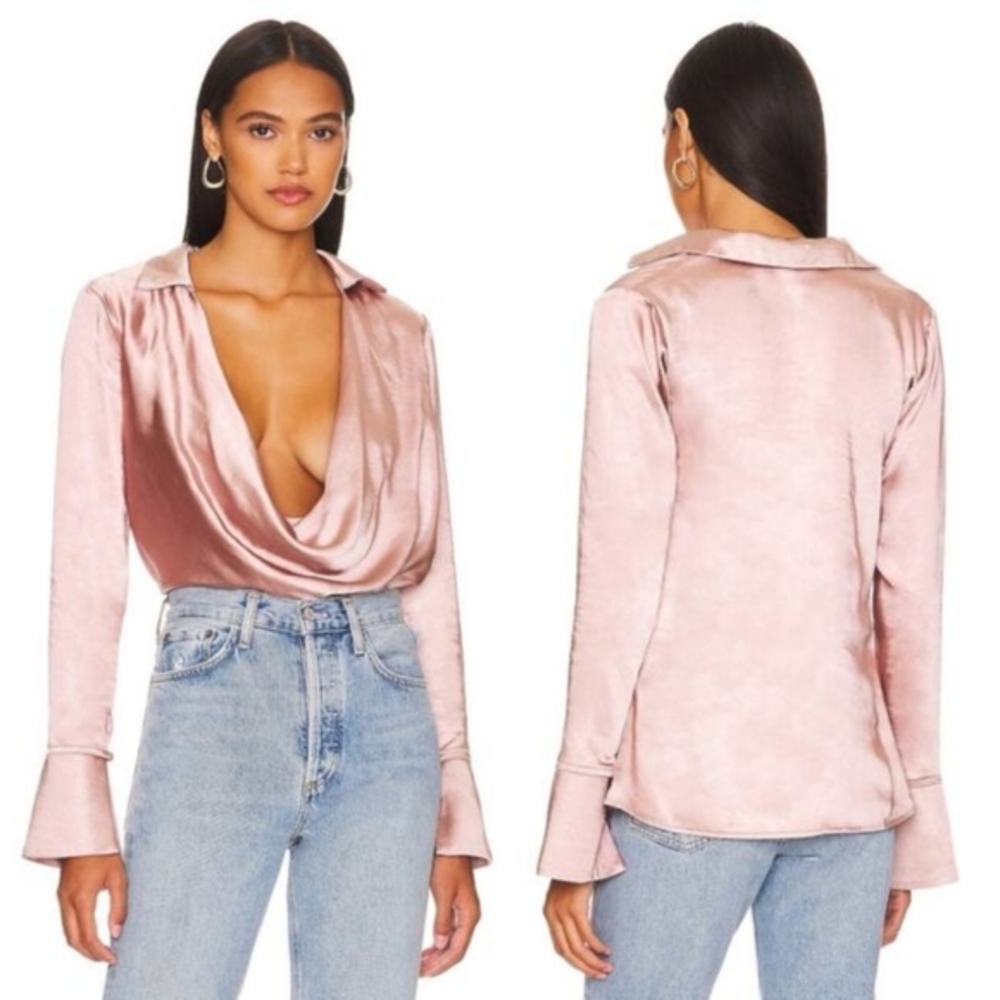 Remi x Revolve Marissa‎ Top Womens 0X Dusty Pink Satin Draped Plunge Neck Blouse